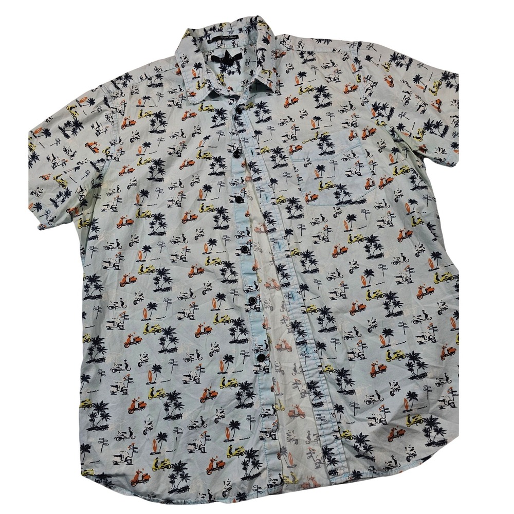 21Men Mens XL Light Blue Tropical Palm Tree Scooter Print Button Down Shirt